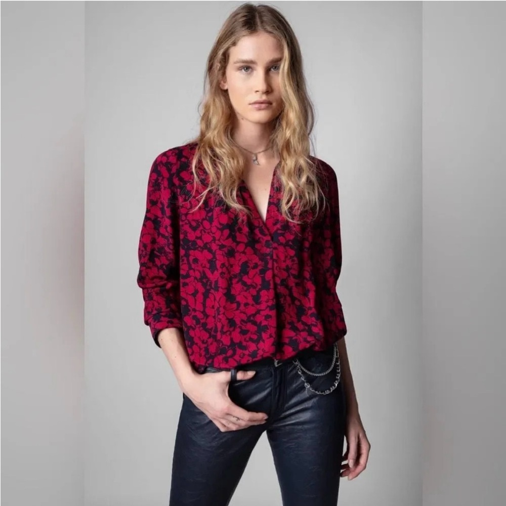 NWOT ZADIG & VOLTAIRE Tink Bico Flowers Blouse in Bordeaux